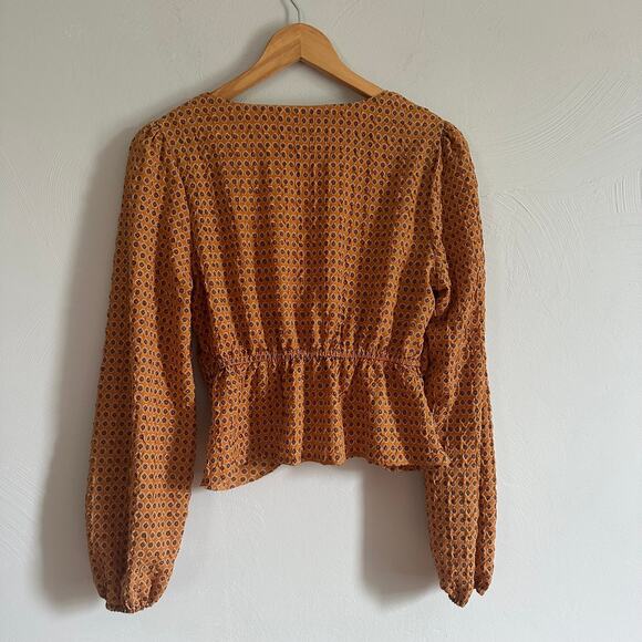 Lulus Throwback Trend Mustard Yellow Geo Print Twist-Front Top - Picture 8 of 8